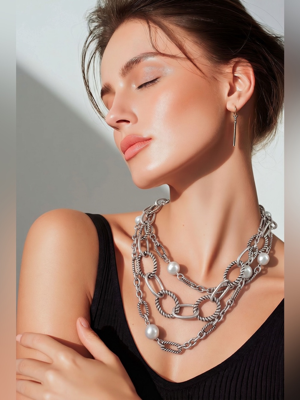 Silver Tone Necklace with White Beads